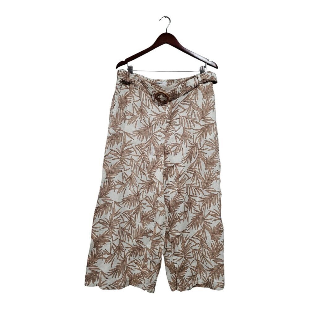 Nicole Miller Pants European Flax Linen Wide Leg Belted Brown Leaf Print Sz XL